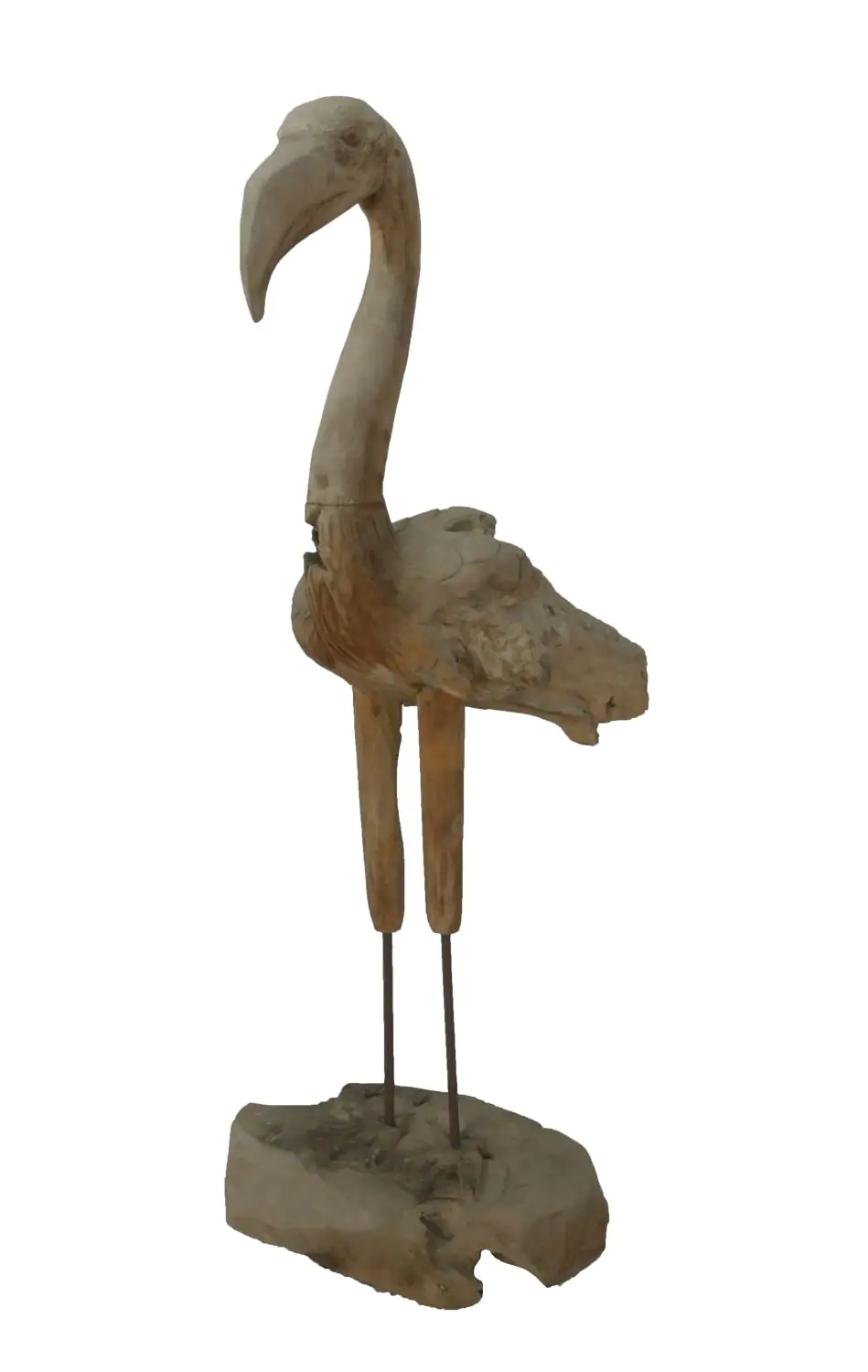  Product image 1 of the product “Flamingo, made from teak root pieces, about 1,10 mtr high-. 2 Parts, metall feet. ”
